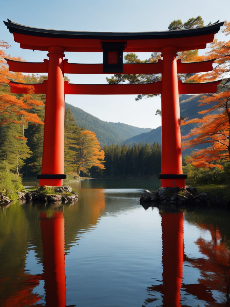 Red torii gate in middle of a lake, Dense forest on the edge of the lake, Bright and saturated colors, Japanese culture, photorealistic, contrast light