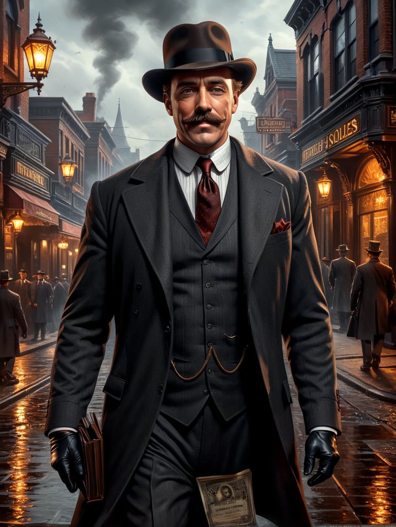 Step into the world of H.H. Holmes, where a sharp suit and a charming smile hide a dark and twisted mind. Show us the shadows that hint at his true intentions as he confidently sells insurance to unsuspecting victims."