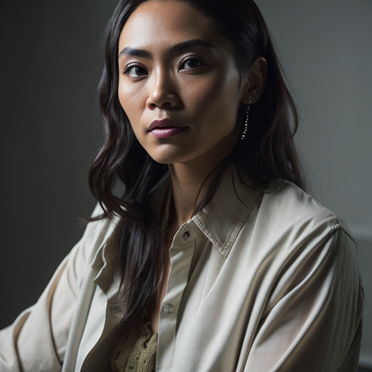A portrait of a female Filipino creative professional in a studio with white background, midshot