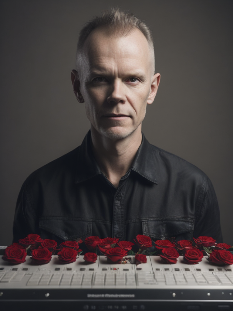 vince clarke con rosas rojas y botones de sintetizadores