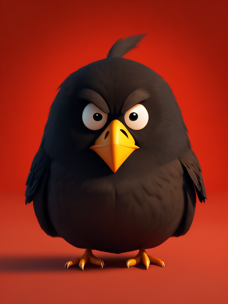angry birds, black round bird on red background, standing centered in 3D style, rendered using beautiful Disney animation, Pixar style, Disney style, 3D style