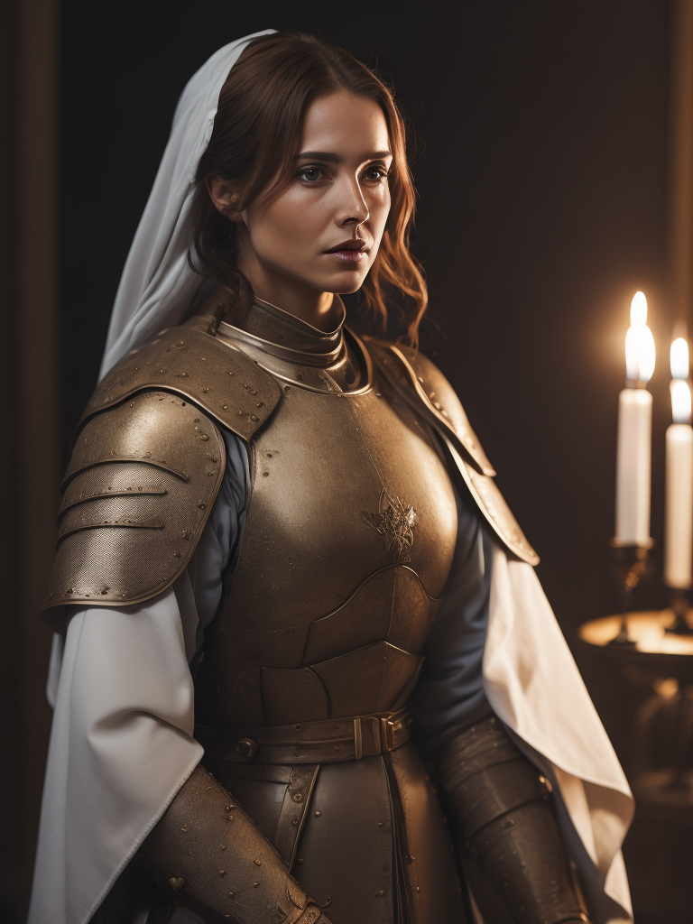 Joan of Arc, Medieval France, Petite and Lean, Armor with a White Surcoat and Cross, Adobe Photoshop, Realistic Digital Painting, Historical Portrait, High Resolution, Warm Candlelight, Symbolic Art, Brave, Resolute Expression, Inspirational Atmosphere