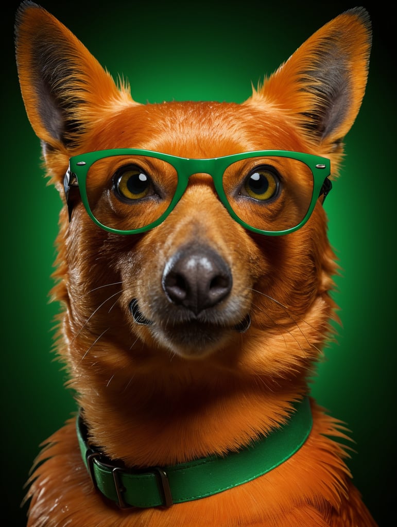 portrait of a orange Agapornis bird, wearing green sunglasses, green background, bright colors