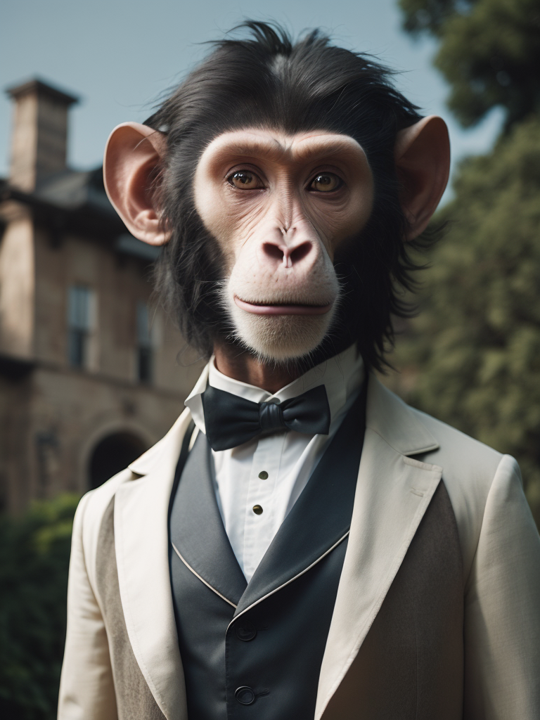 Portrait of a monkey wearing a white tuxedo with a victorian house on the far background