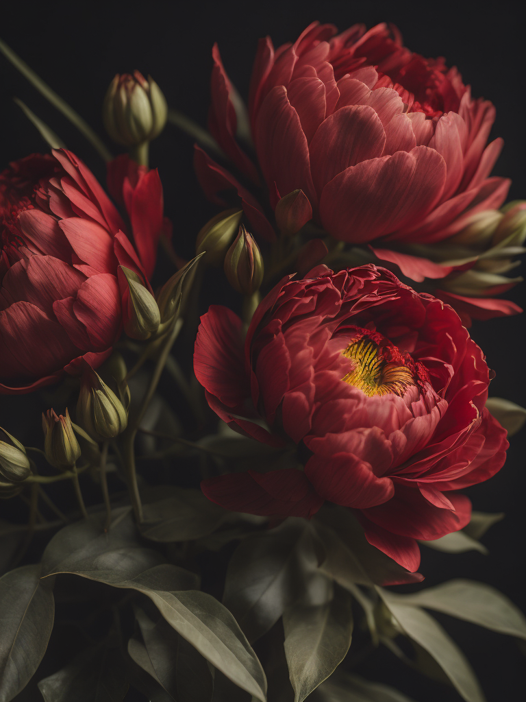 beautifully red peonys, bright and saturated colors, elegant, highly detailed, sharp focus, bright expressive, incredibly high detailed, with black background