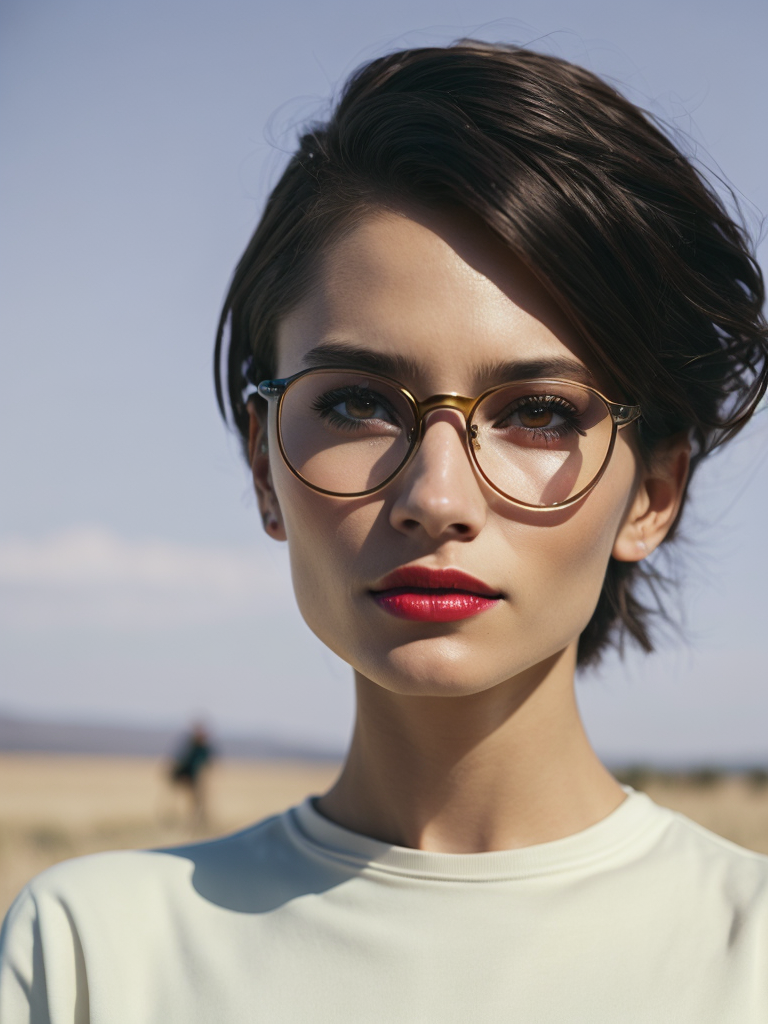 Girl in her thirtieth. She has brown eyes and hair, black glasses and a red lipstick. She in in white longsleeve.