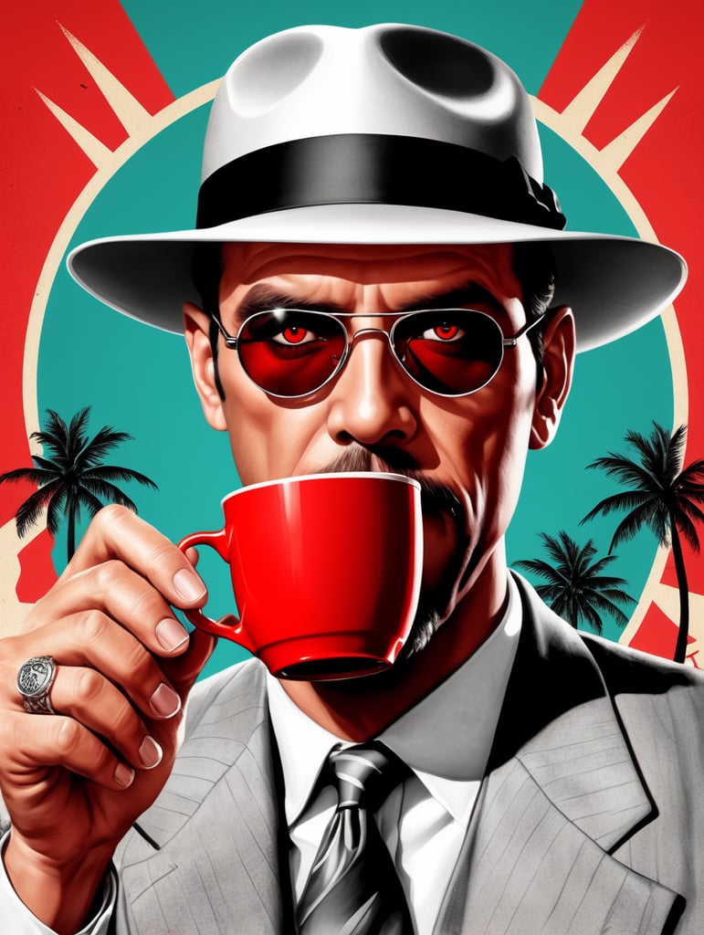 Miami gangster holding a red cup eye-catching poster-style drawing and illustration representing the iconic pulp style.