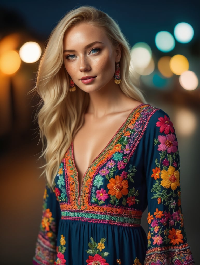 Beautiful blonde woman with freckles, wearing a colorful, vibrant, detailed embroidered dress, medium-full shot, at night