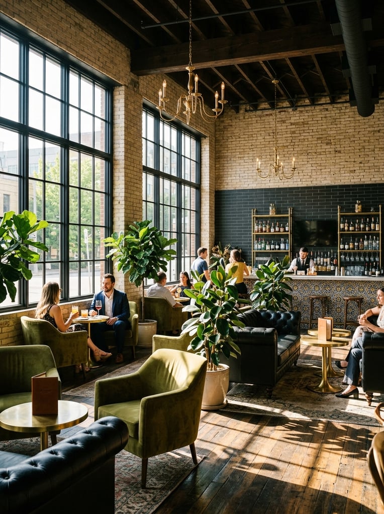 A sunlit upscale lounge with large grid windows, exposed light brick walls, and brass chandeliers. Olive green velvet armchairs, black leather seats, and round brass tables are arranged around potted ficus plants. A bar with a patterned tile front and dark subway tile backsplash anchors the background. Warm natural sunlight casts dramatic shadows across the wood floor.