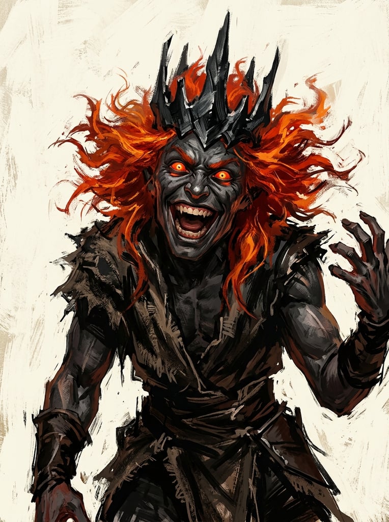Expressive digital painting of a manic figure with fiery red hair, glowing orange eyes, and a wide grin, viewed from a low angle. The charcoal-skinned character wears a jagged obsidian crown, rendered with bold brushstrokes against a plain cream background.