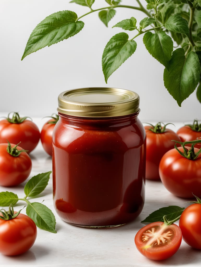 tomato ketchup jar, red tomato with green leaves, isolated, white background, mockup