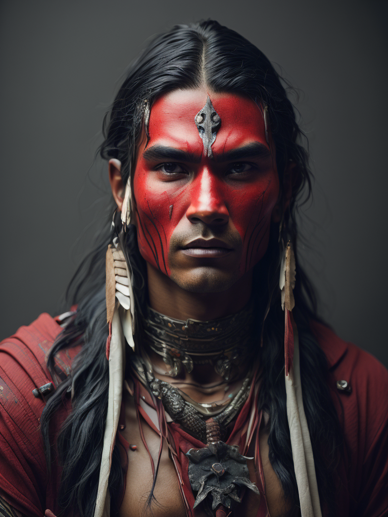 Native american warrior painted in red body