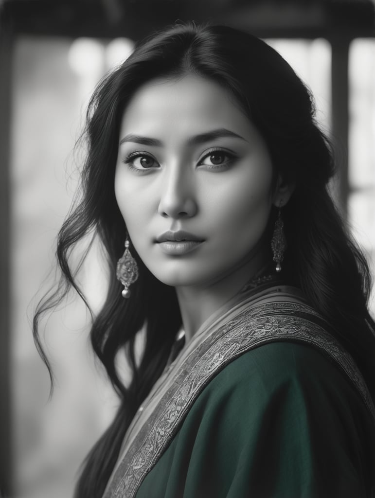 Central Asian woman posing, 30s, Kodak Tri-X 400 black and white, atmospheric impressionism, dark romantic realism, pre-Raphaelite realism, grainy, soft edges and blurred details, captures raw emotion, style of anime aesthetic, dark emerald and light amber, soft edges, distinct facial features, iso 800, photo realistic, 32 k