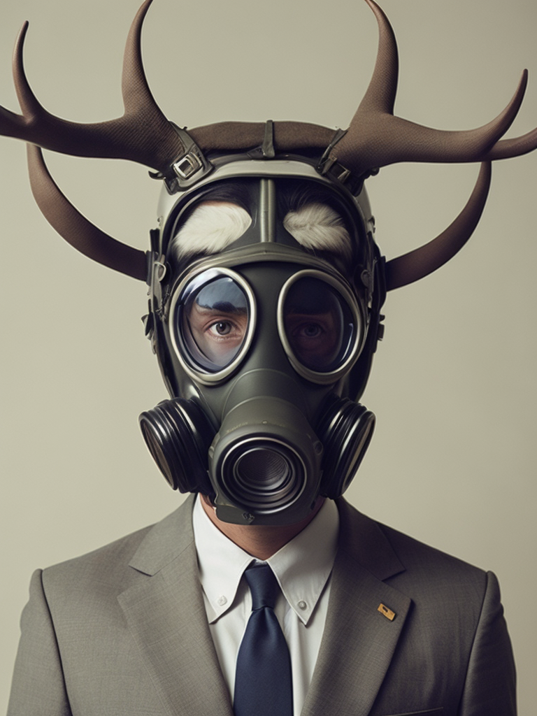 suit wearing people wearing gasmask and 12-point stag deer antlers protruding from the head : the mouth of the gas mask face is connecting to a respirator hose, postmodernist government archive portrait stanley kubrik wes anderson