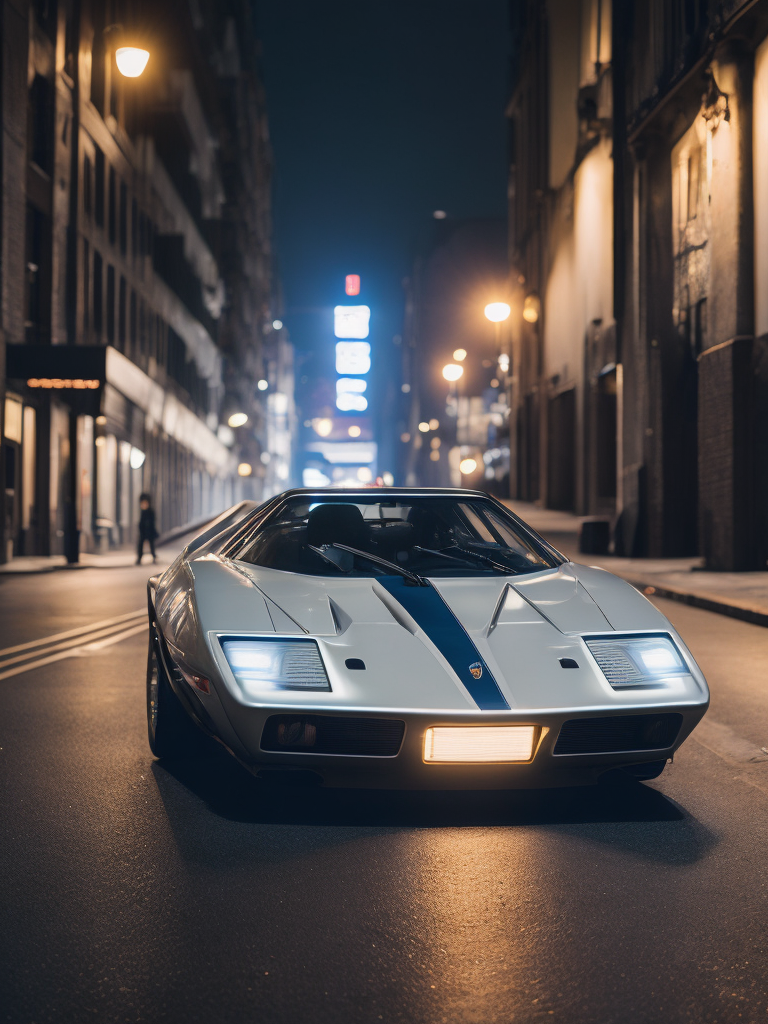 analog gloomy photo of a silver Lancia Stratos Zero car, low view, ground level view, diagnoal view, brushed aluminum, driving on a busy city street at night, dark photo, neon lights, smokey atmosphere