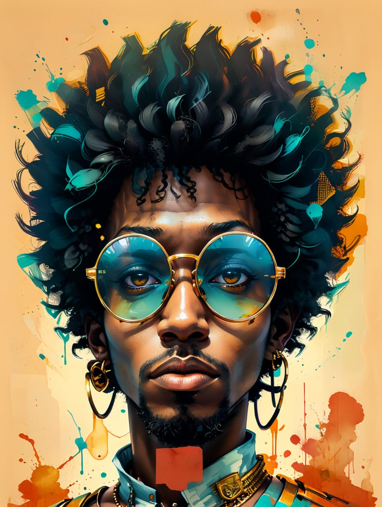 Hiphop guy with gold dollar sign glasses ,afro