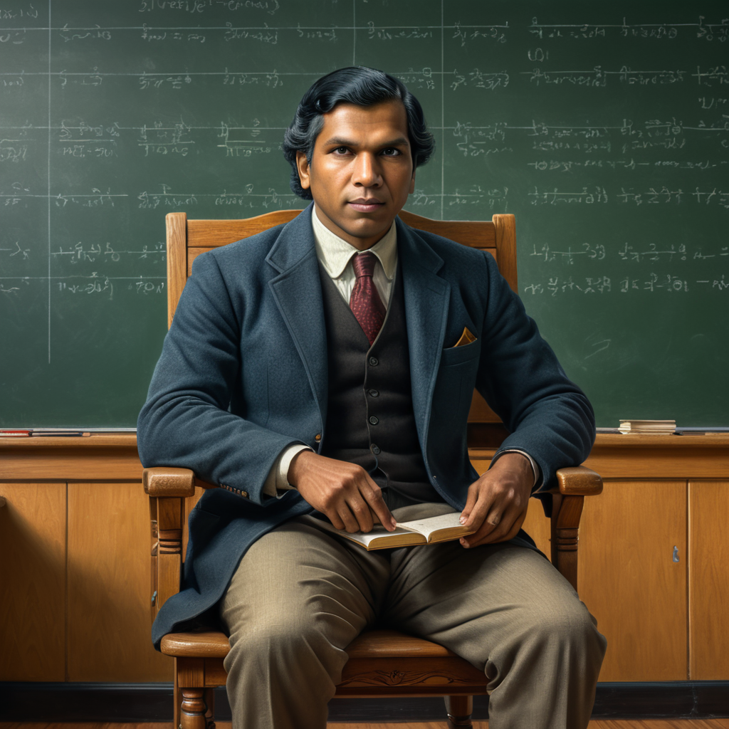 srinivasa ramanujan sitting on chair backgound of classroom board with mathematics