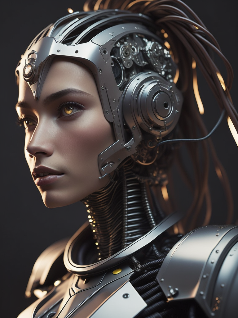 ((Masterpiece)), ((best quality)), ((ultra-detailed)), ((highly detailed CG illustration)), ((an extremely delicate and beautiful)), (cute delicate face), cinematic light, (1 mechanical girl), solo, full body, (machine-made joints:1.4), ((mechanical vertebra attaching to the back)), ((mechanical cervical attaching to the neck)), ((sitting)), (wires and cables attaching to the head and body:1.5), (glowing neon accents), (mechanical gears and pistons), (meticulous craftsmanship), (shimmering metallic textures), (futuristic background), (advanced technology), (subtle reflections), (captivating eyes), (intricate details), (exquisite beauty), (artistic elegance), (best quality), (artistic excellence).