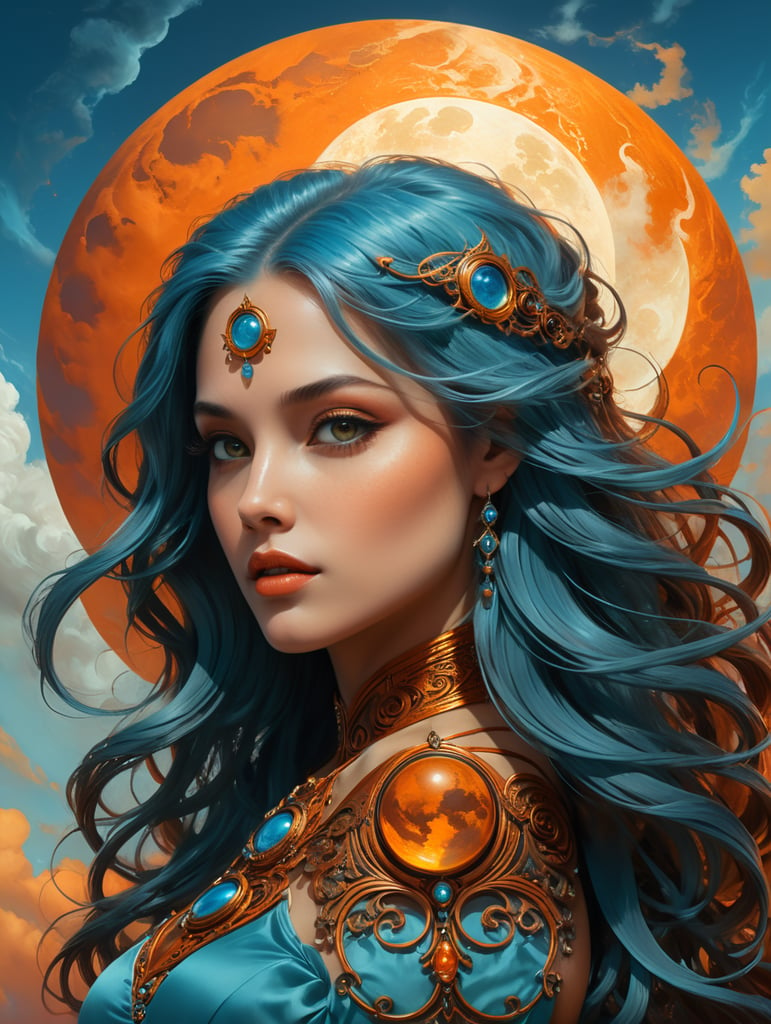 1️⃣ a poster with a woman in the foreground and a moon, in the style of dan mumford, light blue and amber, alexandr averin, gray and bronze, richly colored, close-up, dark orange and azure --ar 2:3 2️⃣ the artwork shows a woman with long hair, in the middle of the moon, in the style of light teal and dark orange, richly detailed art nouveau, sky-blue and amber, limited color palette, bold palette, cinematic atmosphere, emphasis on character design --ar 2:3 3️⃣ the moon over the girl with blue hair and a blue sky, in the style of dark orange and bronze, intricate art nouveau, light teal and dark amber, rich and immersive, swirling vortexes, grandiose color schemes --ar 2:3 4️⃣ an attractive image of a woman in flowing hair with an orange background, in the style of dan mumford, dark gray and azure, richly colored skies, imaginative characters, poster art, stone, light azure and dark amber --ar 2:3