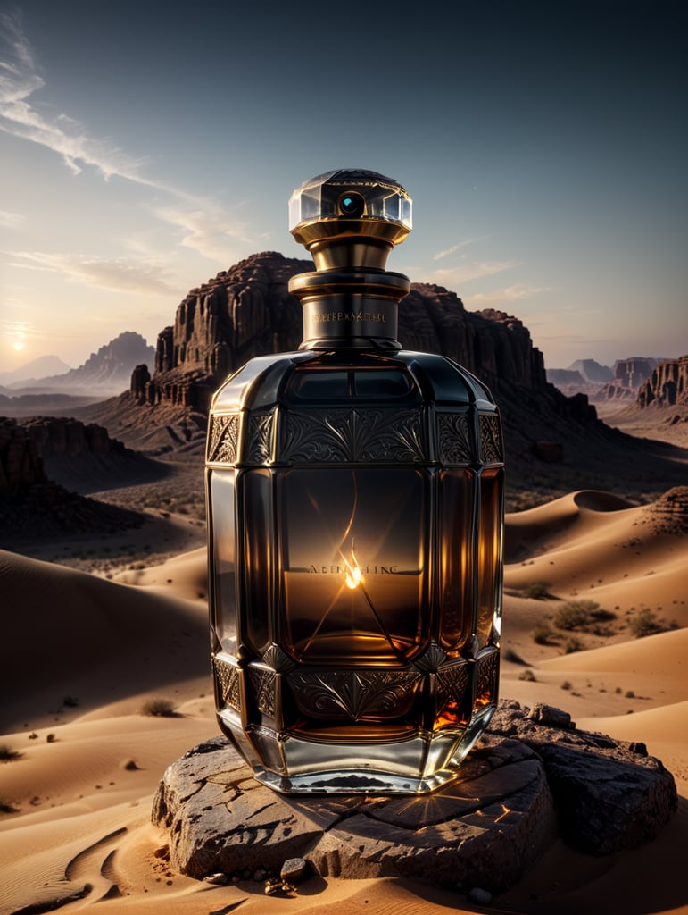 professional photography of a luxury perfume bottle in the desert, no label, clear, mockup