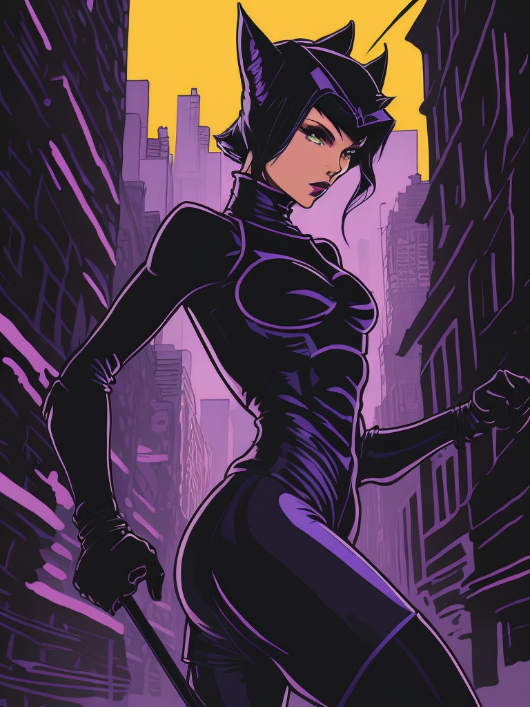 Catwoman in her classic purple and black costume, with her signature whip coiled around her waist and her sleek, feline-like movements. the background is a dark alleyway, with the neon lights of the city flickering in the distance. the image is drawn in the style of early 90s cartoons, with bold lines and bright, bold colors