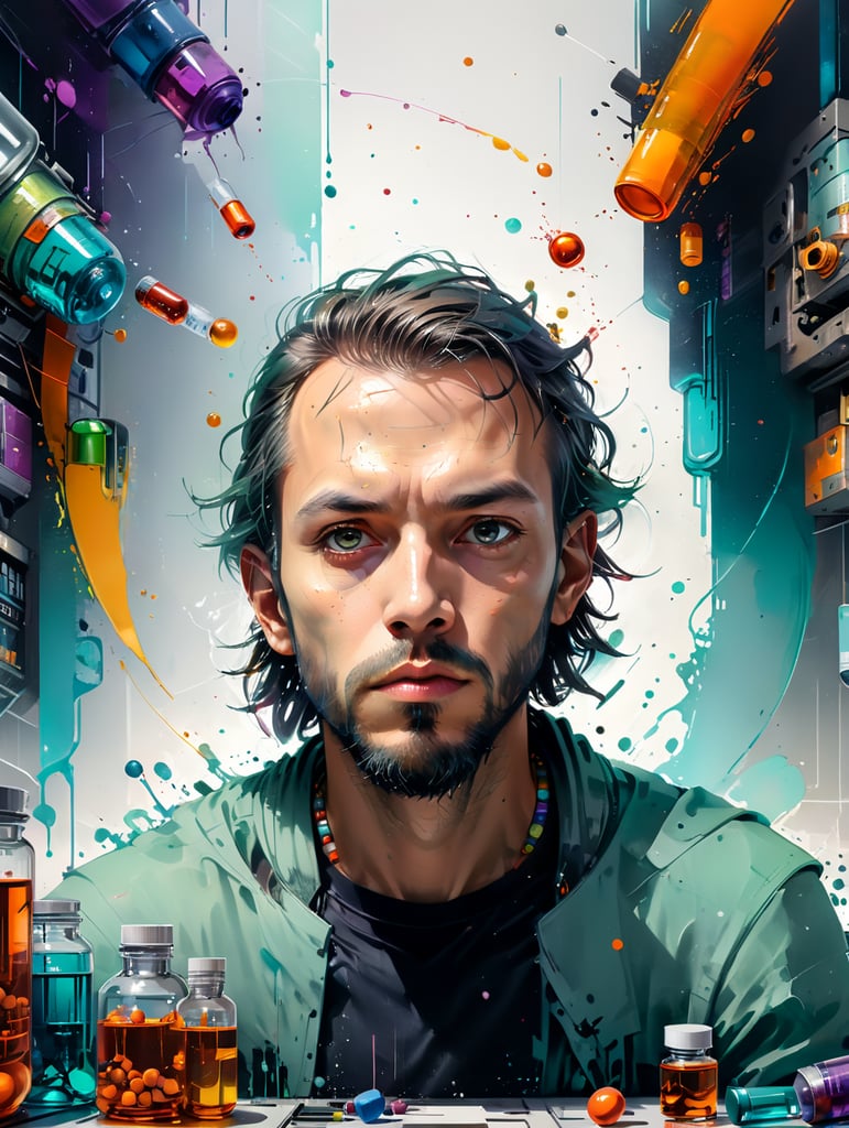 Casimir Funk in a lab with some vitamin capsules on the table, looking at the camera