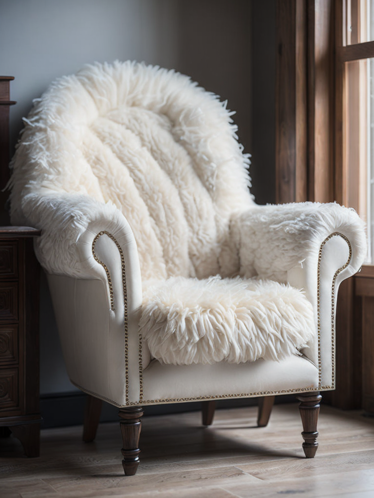 a white soft sheep chair, wood carved head and legs of the sheep, body is white wool