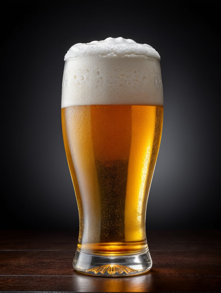 professional photo of a Pilsners beer glass, white foam on top, isolated, black background, highly detailed