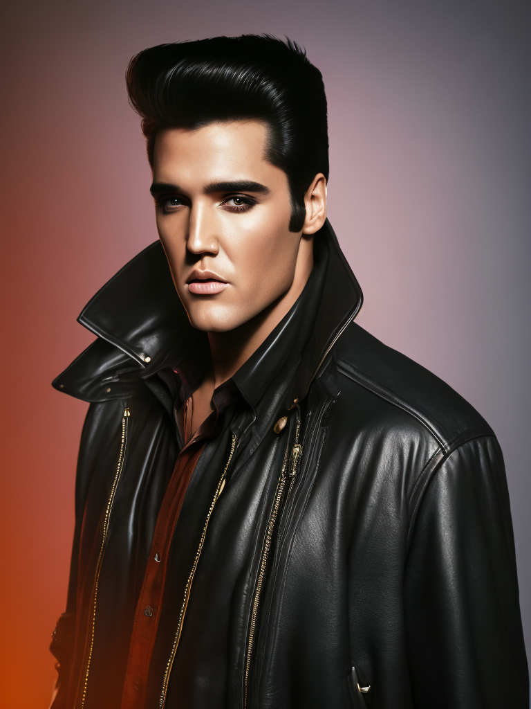 Portrait of Elvis Presley wearing a black leather jacket, studio photo, professional photo, Bright and rich colors, Detailed image, detailed face