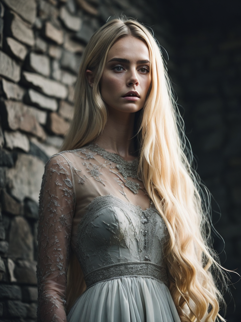 A beautiful woman model with long blonde hair. She is standing tall. She is dressed in a long light-colored dress adorned with various delicate and light-colored flowers.