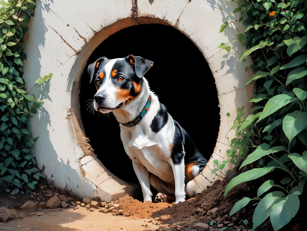 Black an white dog digging a hole under a privet hedge