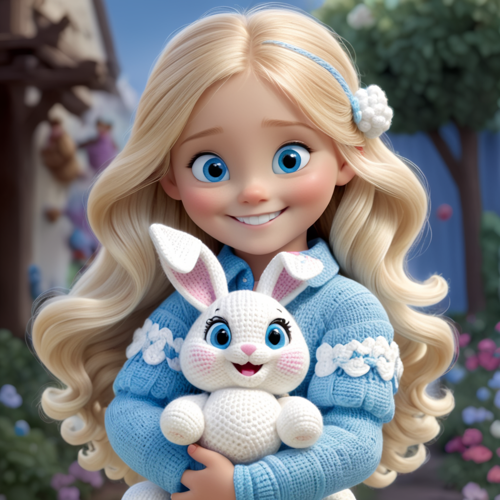 girl with blonde hair and blue eyes, smiling and hugging a white crocheted bunny in her hands, with skeins of yarn around her, generated in Disney Pixar 3D style
