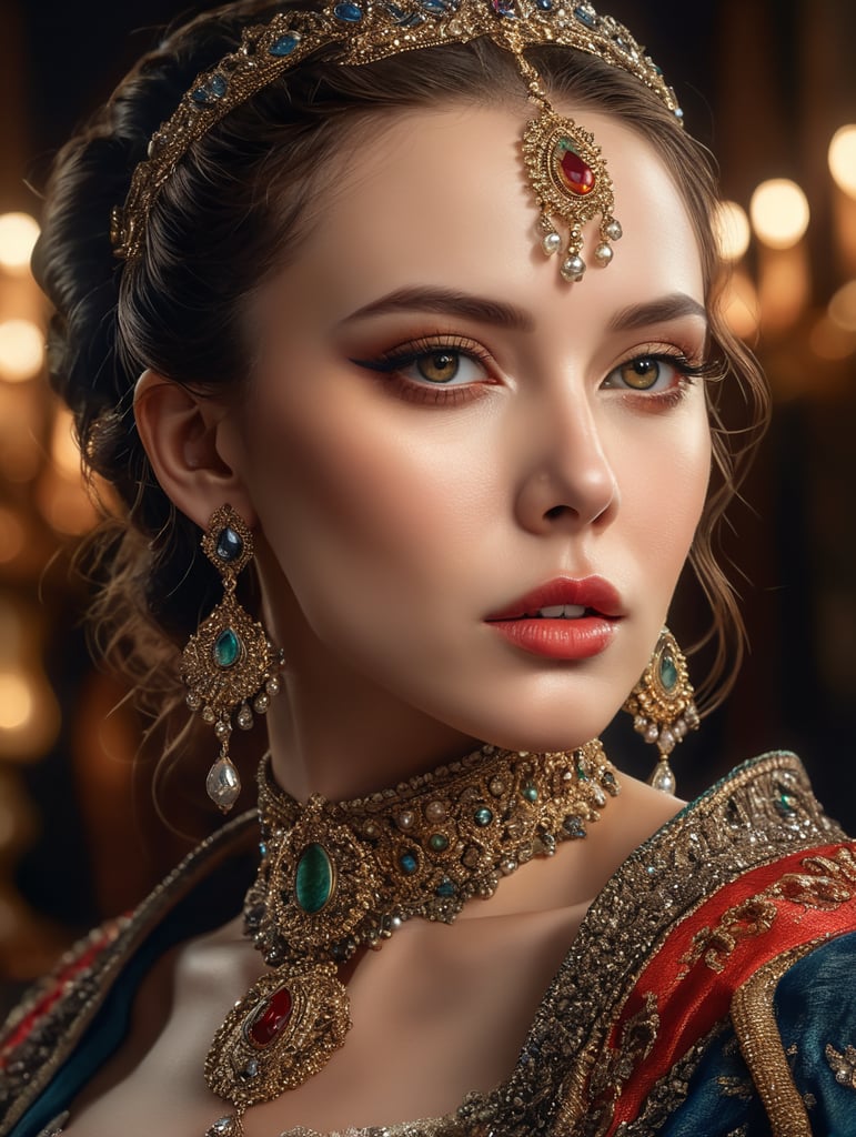 Portrait of Ceneca, elegant, highly detailed, vogue, fashion magazine, sharp focus, bright expressive makeup, dramatic lighting, depth of field, incredibly high detailed, blurred background