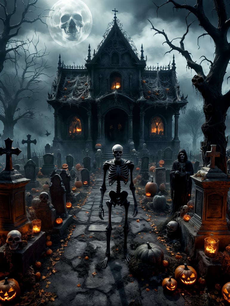 Dark Halloween scene, with skeletons, spider webs, smoke, and graveyard 4k