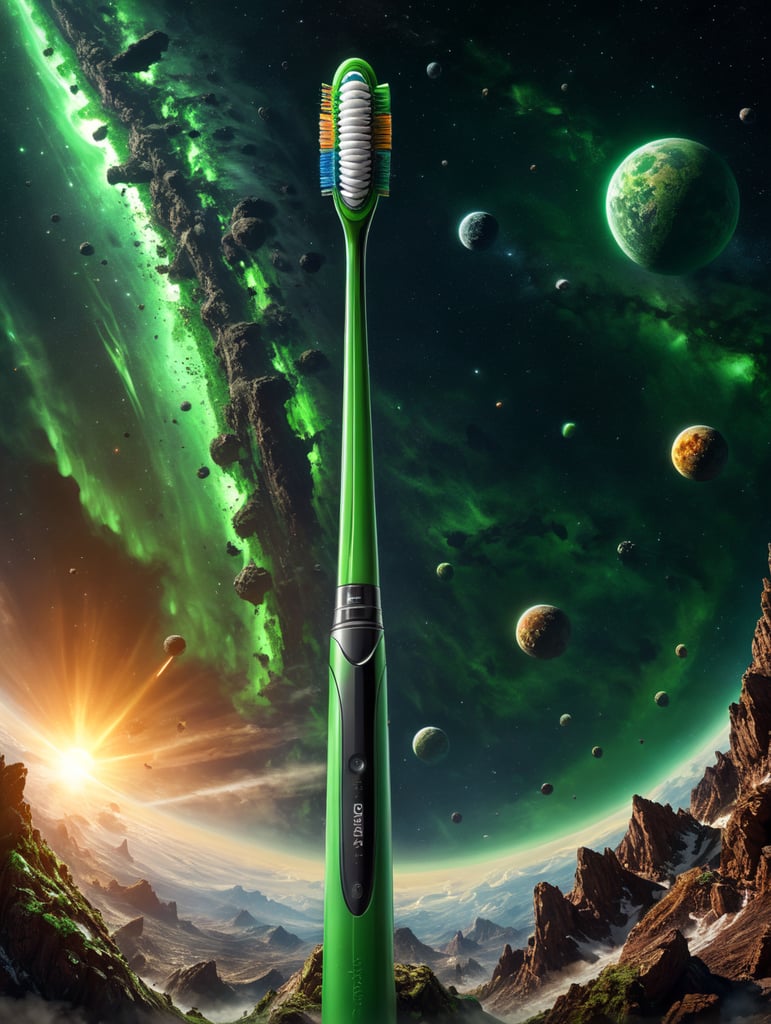 I want a photo of a bright green toothbrush flying in space with meteor