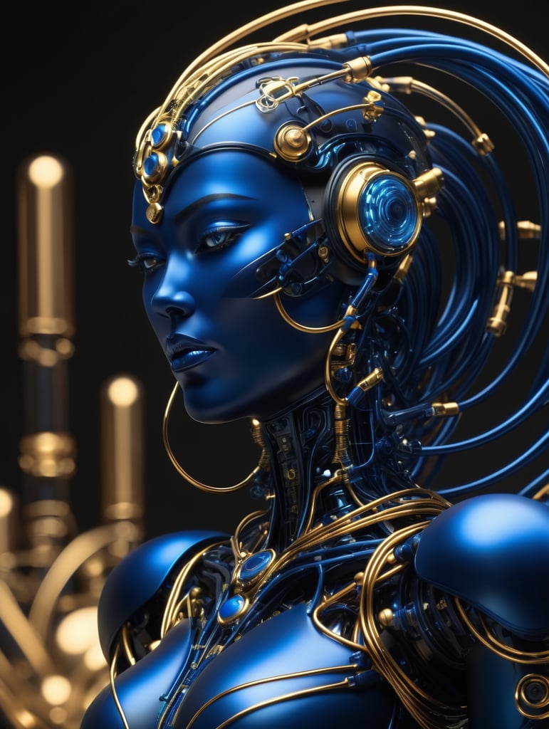 matte black and deep blue divine cyborg goddess, gold on black, octane render, translucent, neon wire and tube components, realistically detailed, soft light, evoking, liquid shapes, vibrant color palette, biotech
