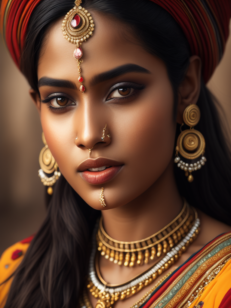 Portrait of a young, beautiful girl from India in a folk Indian dress and jewelry, Bright expressive makeup, Dramatic Lighting, Depth of field, Incredibly high detailed, bollywood