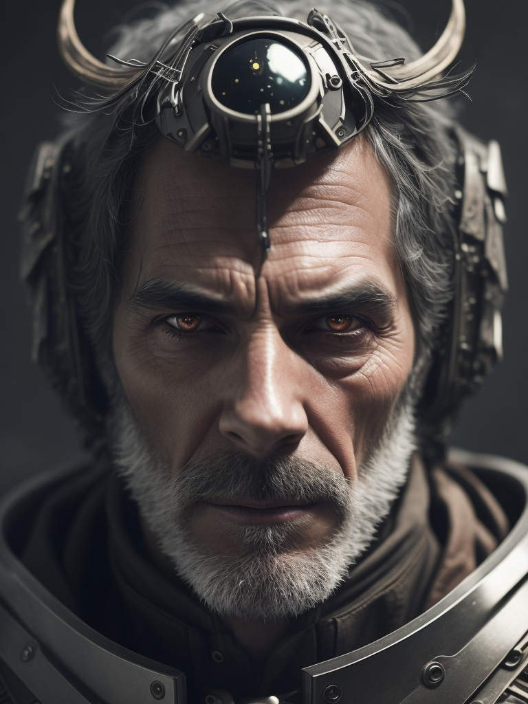 A grizzled veteran with a cybernetic arm and an eye patch, wearing battered armor made from salvaged metal that has been fused with living tissue. He carries a plasma rifle that fires bolts of bio-energy and a combat knife with a blade that shifts shape according to his mental commands. Dramatic biopunk close-up cinematic render by Oliver Wetter, Leiji Matsumoto, and Klaus Wittmann that evokes a sense of mystery and wonder. Produced in Cinema 4D