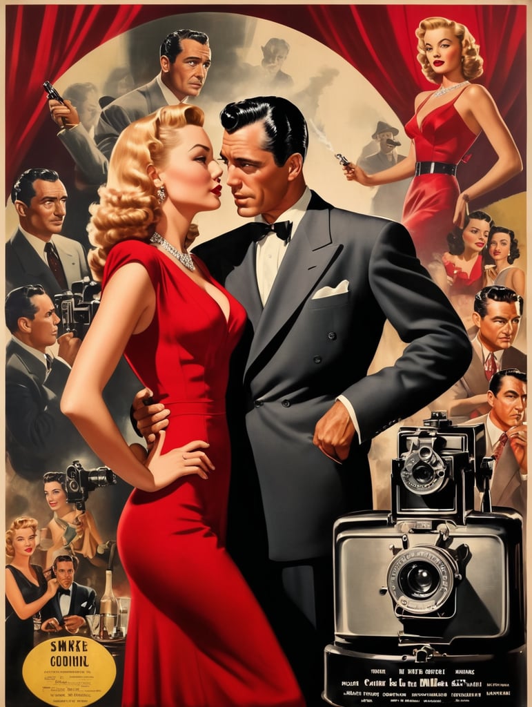 Hollywood 1940's film noir poster collage, glamorous woman in a red dress, handsome older man in suit smoking, mafia, spotlights, movies theater, film camera.