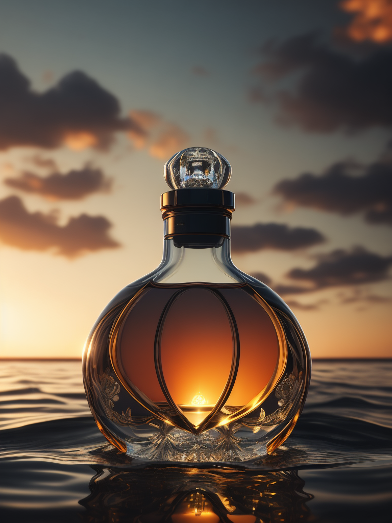 A delicate and noble glass perfume bottle was placed in the middle of the water，The sunlight asperses full, on the water flutters falls ，the petalhas ，the dewthe crystal ，clear feelingthe warm color tone,Headshot Center，the composition，Hyper，realistic style，realistic，photography，high detailhigh quality，high resolution，8k