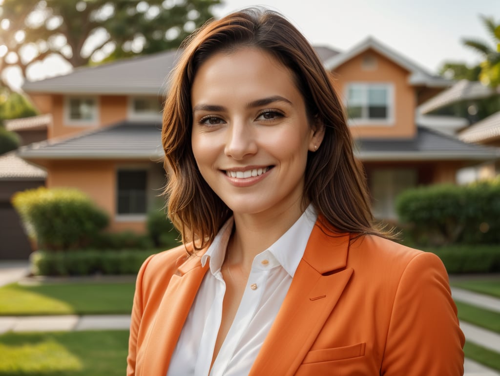 woman, bright orange blazer, white shirt, smiling, standing in front of house, suburbs