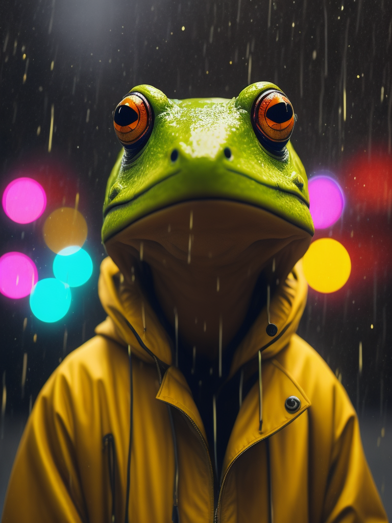 Frog in the rain coat, Keith Haring style, expressive, focus, colorful background, hyperrealistic, detailed, intricate details, rich colors