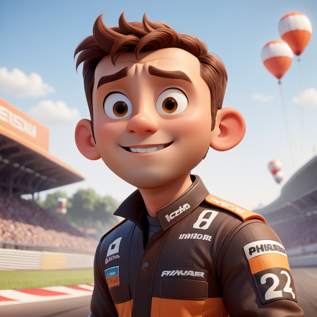 A race car pilot, brown hair, centered face