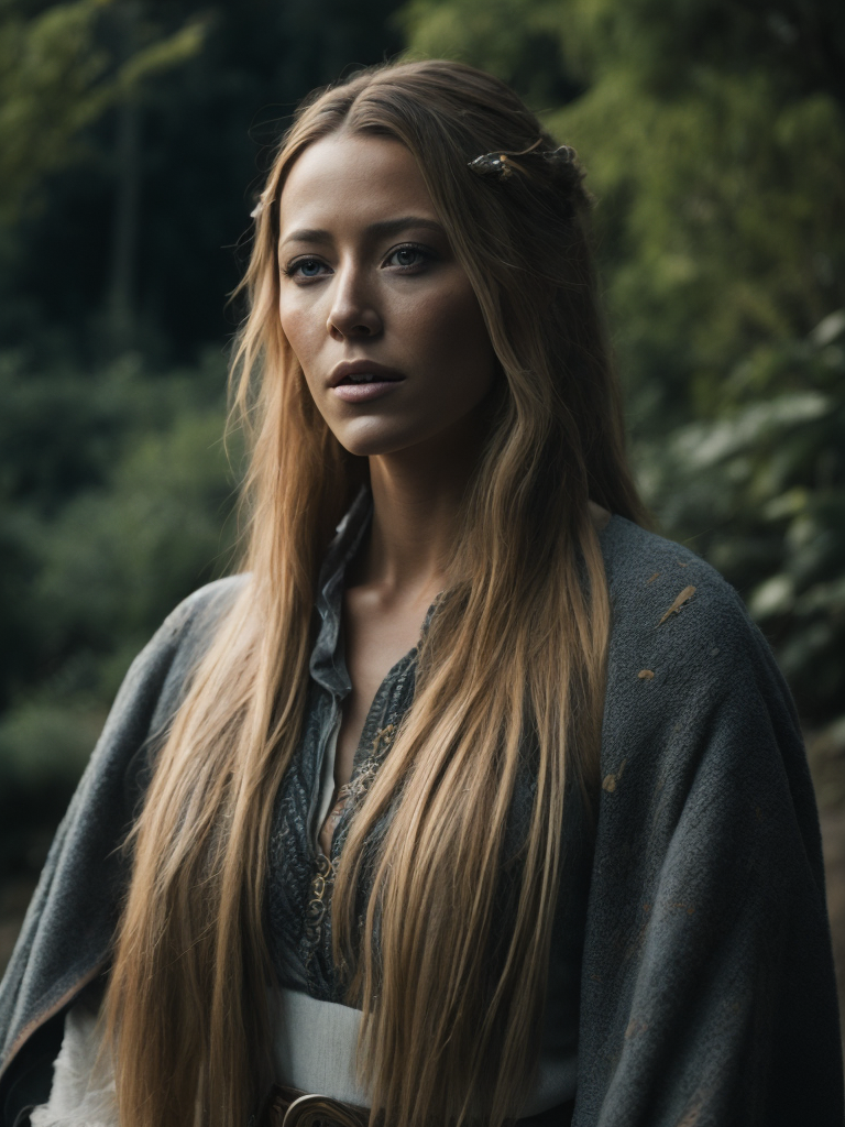 Blake Lively as a Native American woman, realism, photorealism, wearing beautiful regalia, high resolution, forest background, cinematic