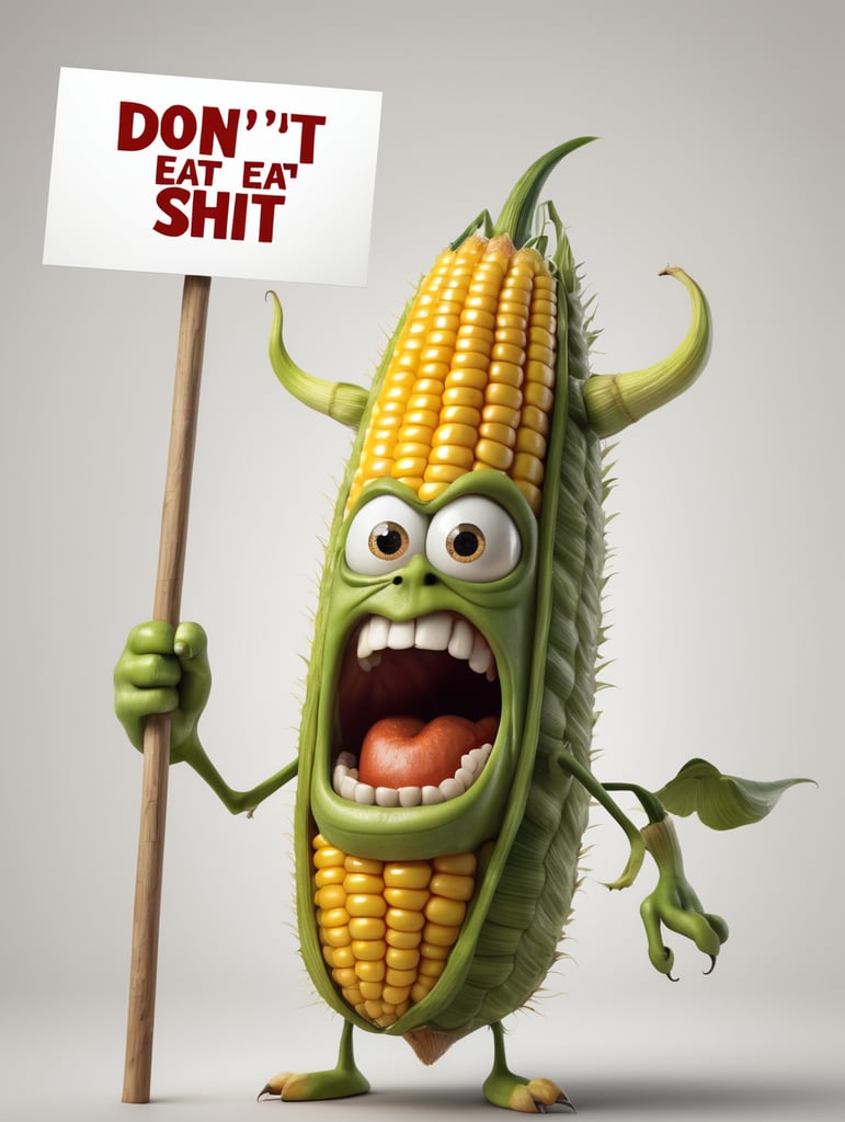 a realistic angry corn holding a sign "Don't eat Shit!", WHITE background