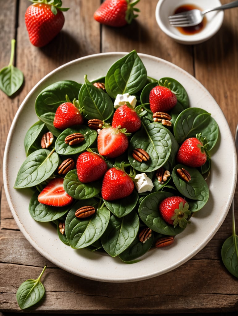 Spinach and Strawberry Salad, small plate on a wooden table, Description: A sweet and savory combination of fresh baby spinach, ripe strawberries, goat cheese, and candied pecans, often served with a balsamic vinaigrette.