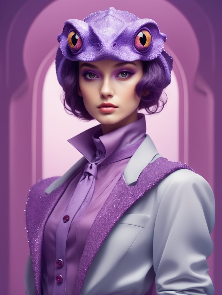 Purple chameleon in the style of clear neo-pop illustrations in stylish clothes, mysterious characters, bright close-up