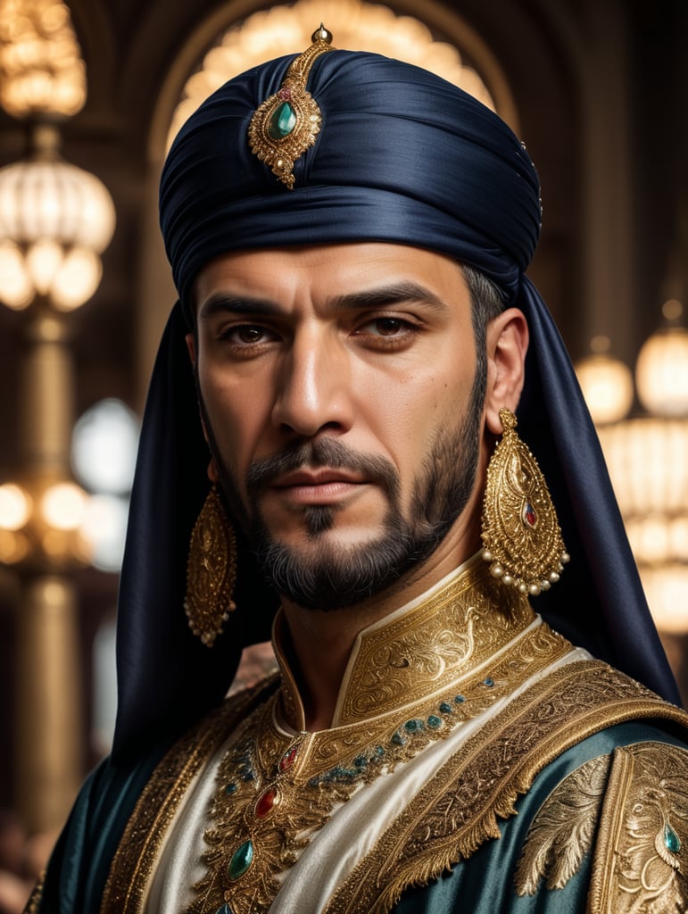 Sultan Süleyman is wearing a luxurious robe and turban. realistic, epic