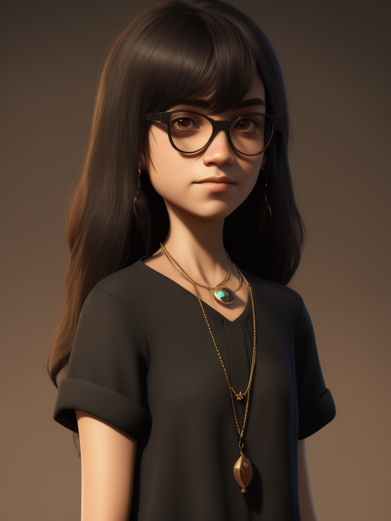 Girl, black hair, Brown eyes, glasses and necklace, Full body, standing centered, Pixar style, 3d style, disney style, 8k, Beautiful, Pixar style girl with black hair brown eyes glasses and necklace