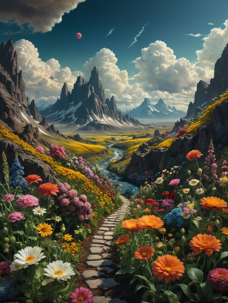 landscape with flowers, , surreal collage, collage artwork, collage art, art deco nature, official artwork, a contemporary artistic collage